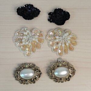 3 Pairs Vintage 80s Shoe Clips: Black Sequin, Iridescent Sequin, Gold Faux Pearl